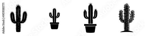 Collection of flat black cactus icons showcasing different sizes and styles in a minimalist design suitable for various projects