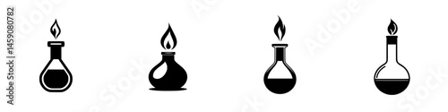 Icon set featuring black laboratory glassware with flames representing various chemical processes and experiments