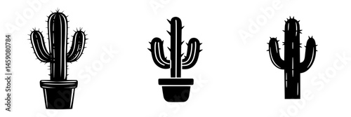 Iconic flat black cactus design featuring various shapes and sizes in pots for modern minimalistic decor