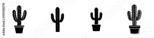 Black flat icon collection of various cacti in pots showcasing unique shapes and designs