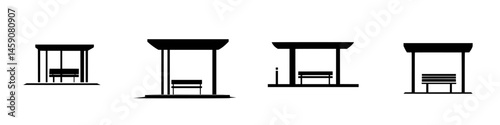 Flat black icons of bus stops showcasing various designs for public transportation facilities