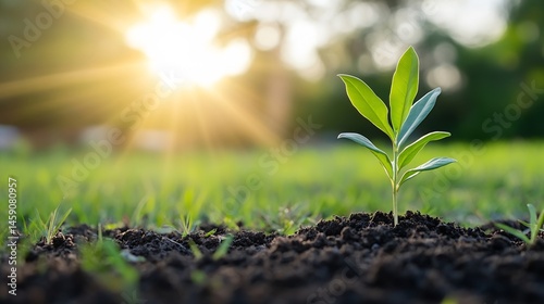 Wallpaper Mural A young seedling sprouts from rich soil, bathed in the warm glow of the setting sun, symbolizing growth, new beginnings, and the beauty of nature's resilience. : Generative AI Torontodigital.ca