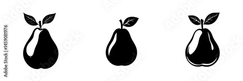 Stylized black and white pear illustrations showcasing various shapes and sizes of the fruit