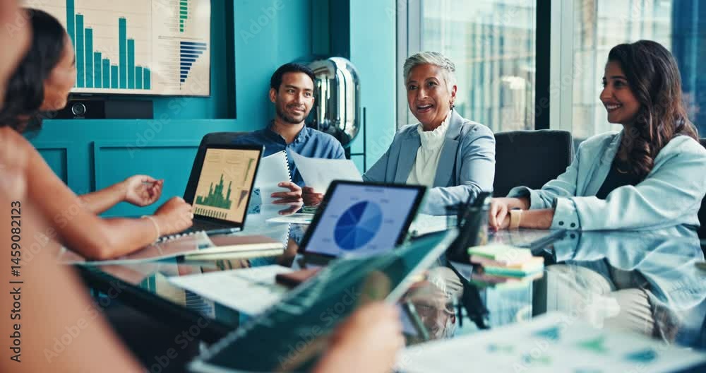 Business people, meeting and discussion with team for analytics, company performance or review. Group, employees or colleagues with technology or documents for analysis or statistics at conference