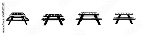 Simple black picnic tables arranged in various perspectives on a white background