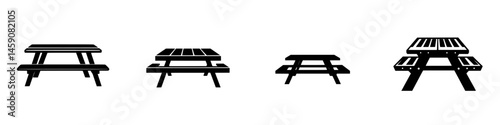 Various styles of picnic tables in black silhouette against a white background illustrating outdoor seating options