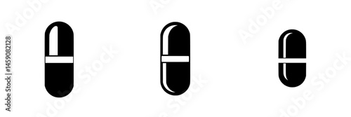 Various sizes of black capsules arranged neatly on a white background
