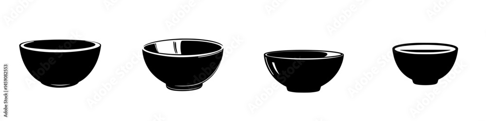 Various black bowls arranged in a simple line showcasing different shapes and sizes for culinary presentation Various black bowls arranged in a simple line showcasing different shapes and sizes for culinary presentation