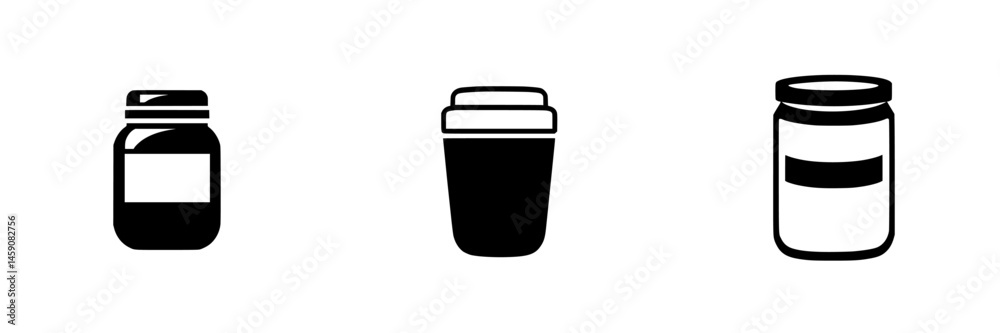 Collection of simple black and white jar and container illustrations on a white background Collection of simple black and white jar and container illustrations on a white background