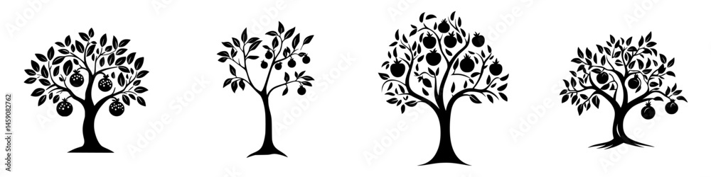 Silhouette designs of fruit trees, showcasing growth and variety in a minimalist style