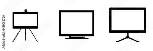 Various types of display stands showcasing easels, televisions, and digital screens in a creative setting
