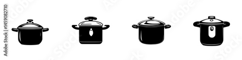Various types of cooking pots displayed in a minimalist style on a white background
