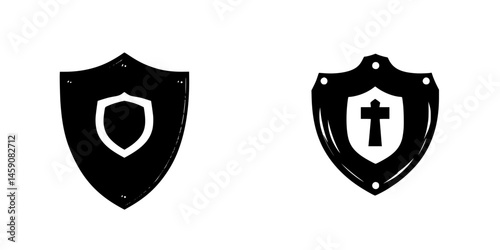 Shields with simple emblems displayed, showcasing a classic design element in monochrome color scheme