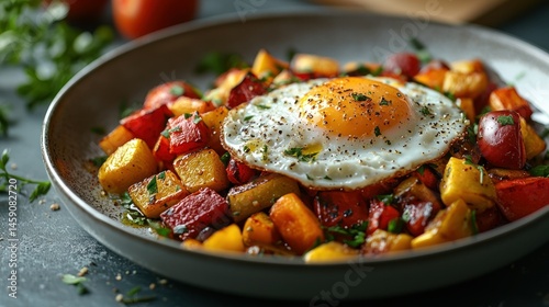 Colorful roasted vegetable hash with fried egg