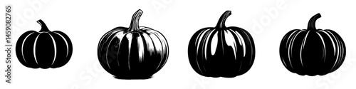 Stylized black and white pumpkins arranged in a line showcasing different shapes and sizes at an autumn harvest event