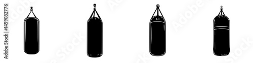 Different types of punching bags for boxing and fitness training at a gym environment