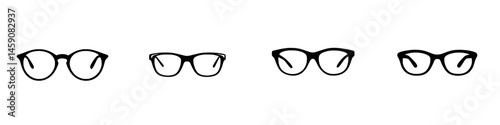 Variety of eyeglasses designs in simplistic black outlines on a white background showcasing different styles and shapes