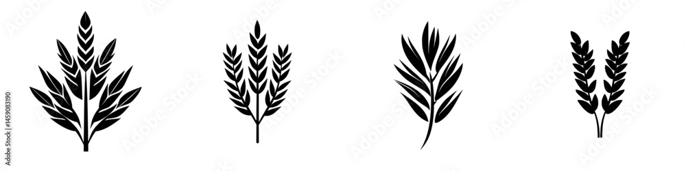 Set of four black silhouettes of different leaves displayed in a minimalistic style on a white background Set of four black silhouettes of different leaves displayed in a minimalistic style on a white background