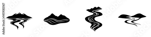 Creative black and white landscape illustrations showcasing mountains, rivers, and flowing water in an artistic style
