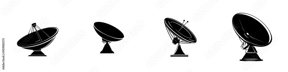 Different designs of satellite dishes arranged in a row showcasing various styles and sizes for telecommunications use Different designs of satellite dishes arranged in a row showcasing various styles and sizes for telecommunications use
