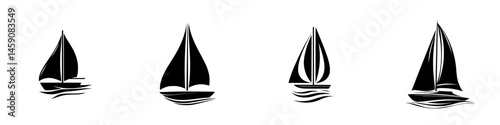 Sailing boats on calm waters displaying various designs and shapes in a minimalist style