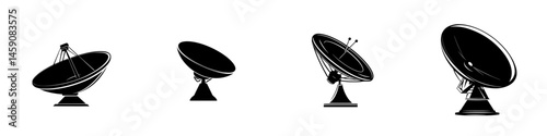 Different designs of satellite dishes arranged in a row showcasing various styles and sizes for telecommunications use