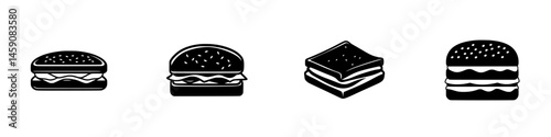 Different styles of burgers and sandwiches displayed in a minimalistic format showcasing delicious food options for quick meals