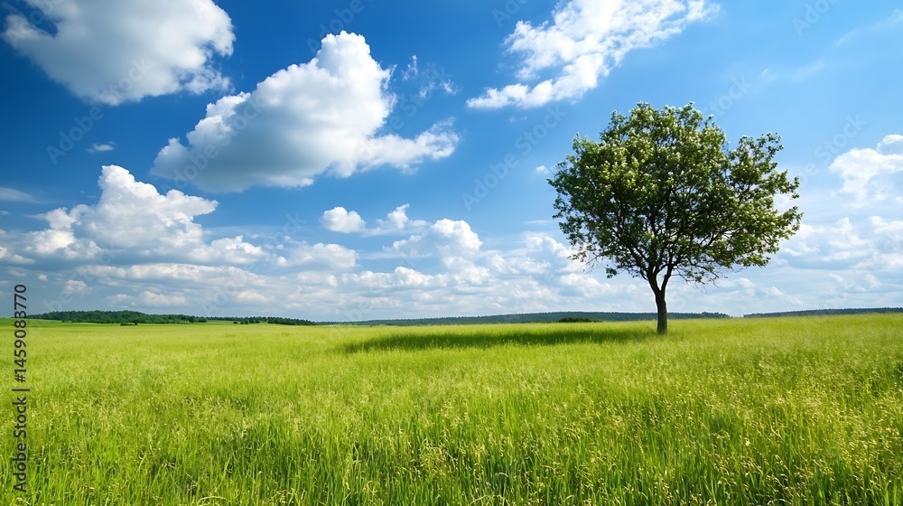 Obraz premium Single tree standing in a vast green field under a bright blue sky with fluffy white clouds. Serene summer landscape photo. : Generative AI