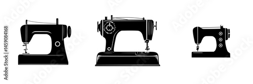 Different vintage sewing machines lined up showcasing various designs and sizes in a creative display