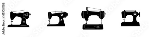 Collection of vintage sewing machines showcasing their unique designs and features in a graphic format