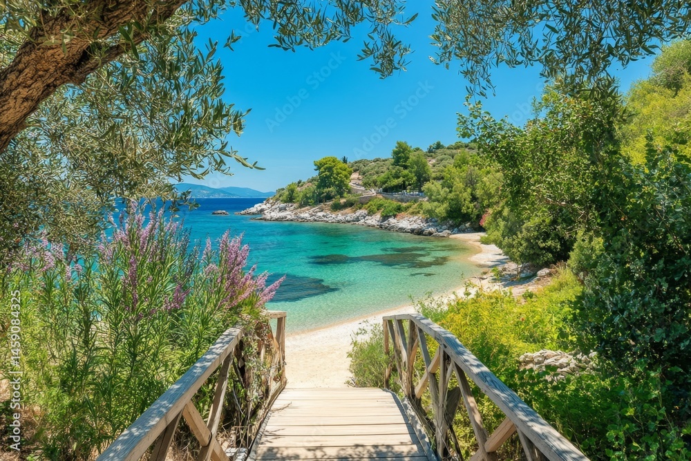 Obraz premium Coastal path to pristine beach, framed by trees