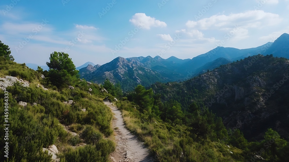 Obraz premium A scenic mountain trail winds through lush green vegetation, offering breathtaking views of majestic peaks under a vibrant blue sky with fluffy clouds. : Generative AI