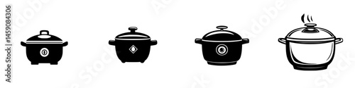 Collection of various cooking pots in black silhouette style suitable for culinary design projects
