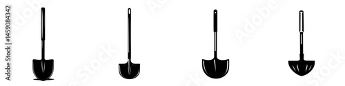 Shovels in various positions showcasing different types and shapes useful for gardening and construction tasks