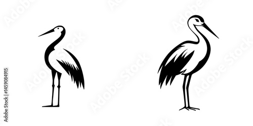 Elegant black and white silhouettes of two storks in profile view, showcasing their distinct features and graceful forms