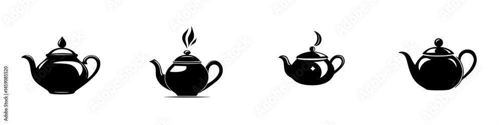 Four elegant teapots displayed in a minimalist style, showcasing different shapes and designs Four elegant teapots displayed in a minimalist style, showcasing different shapes and designs