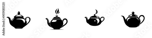 Four elegant teapots displayed in a minimalist style, showcasing different shapes and designs