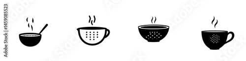 Cooking process of hot soup with steaming bowl, strainer, empty bowl, and final cup ready for serving
