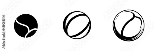 Collection of stylized tennis ball designs showcasing various artistic interpretations and shapes in black and white
