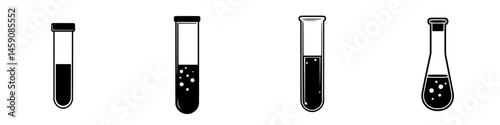 Black and white chemistry lab equipment including test tubes and a flask on a minimalist background