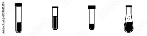Laboratory glassware with test tubes and flask showcasing various liquid levels and colors during a science experiment