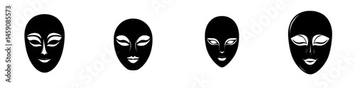 Various alien mask designs showcasing distinctive facial features and artistic styles in a minimalist black and white theme