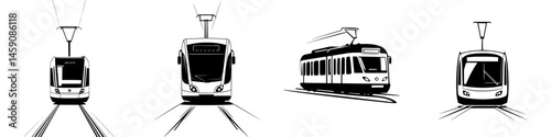 Various tram designs displayed in a black and white illustration showcasing public transport options for commuters