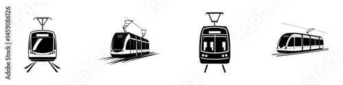 Various illustrations of modern trams showing design variations and details