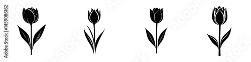 Collection of four minimalist tulip illustrations in black and white showcasing floral elegance and design simplicity