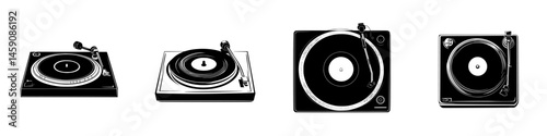 Various styles of turntables displayed on a white background showcasing vintage and modern designs during a music exhibition