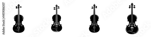 Different styles of violins arranged in a row showcasing their unique shapes and features often used in classical music performances