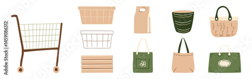 Shopping cart, grocery basket, reusable eco bag, paper bag, wooden crate, hand-drawn market containers, retail packaging design, sustainable shopping icons, zero waste store supplies. Vector