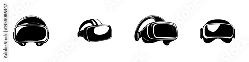 Variety of virtual reality headsets displayed in a minimalist style against a white background