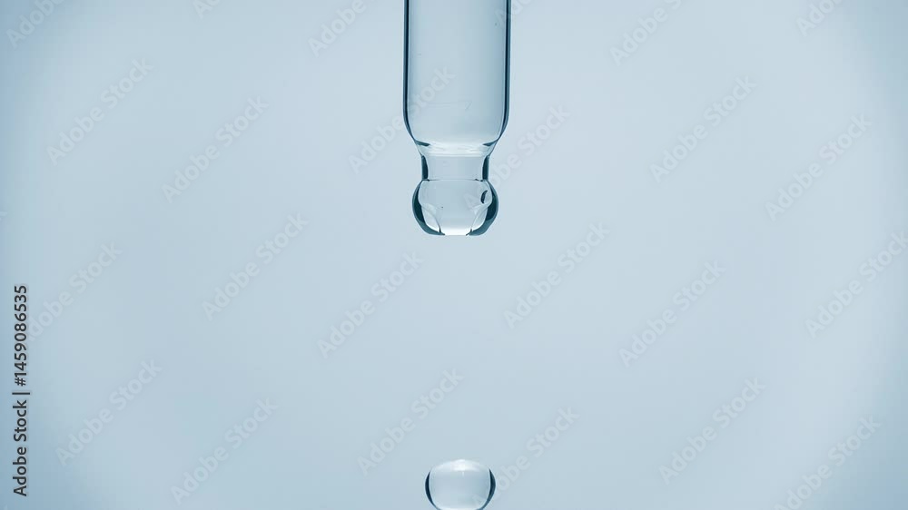 Cosmetics blue liquid dripping from laboratory glass pipette in super slow motion. Macro shot of drop hanging down from chemical dropper. Abstract body care serum ingredients formulating concept